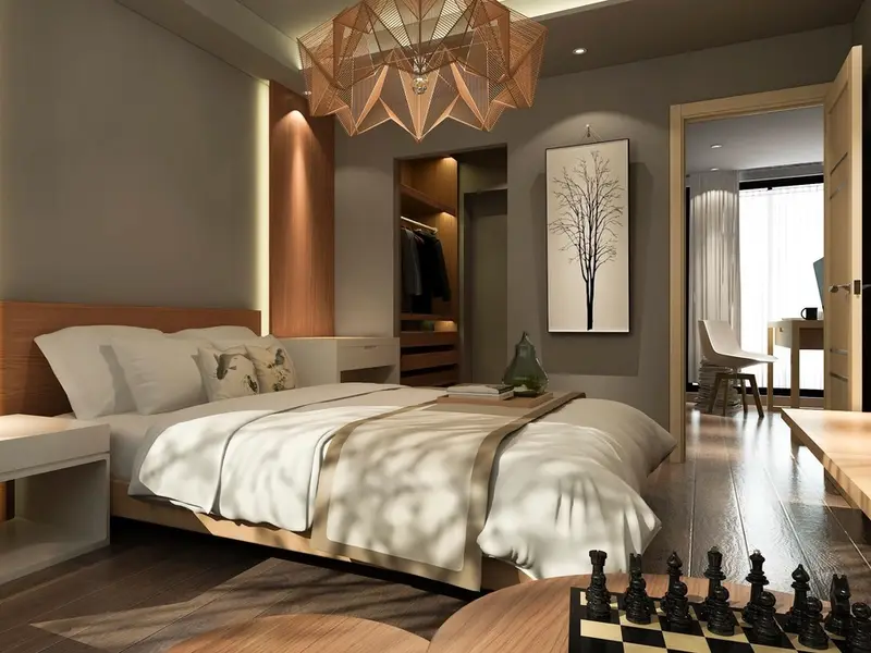 Bedroom with warm wood panelling and soft lighting